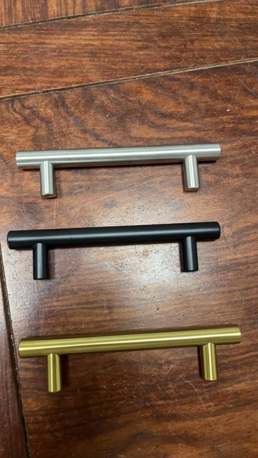 T-bar handles — steel, black, brass